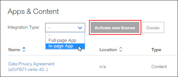 Select In-page App and select Activate new license