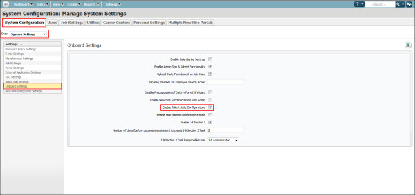 Onboard Settings screen - Enable Talent Suite Configurations