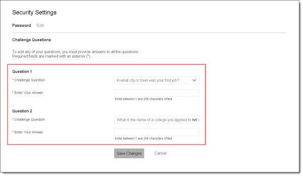 Security Settings / Challenge Questions