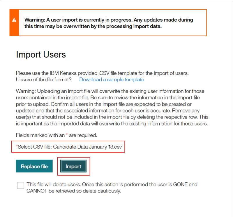 Import Users page - Uploaded CSV file