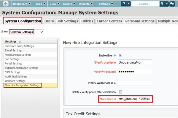 New Hire Integration Settings Page - New Hire URL field