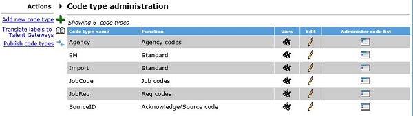 The Code type administration window