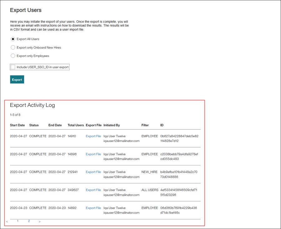 Export Users page - Export Users Activity Log