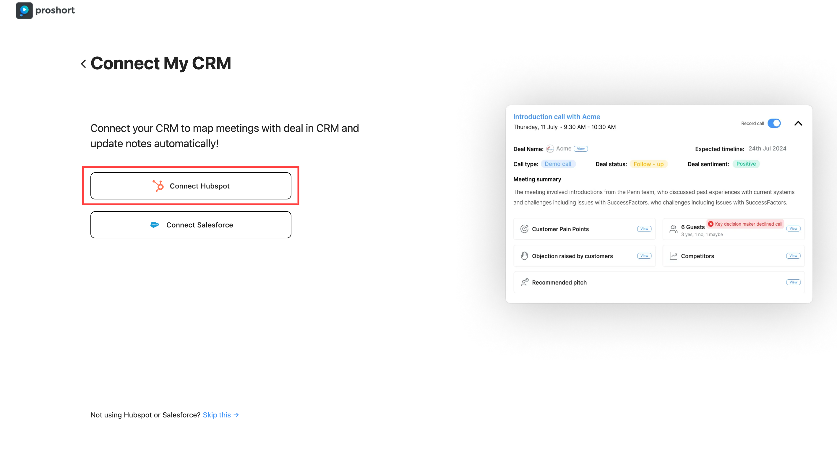 How to Integrate Hubspot with Proshort