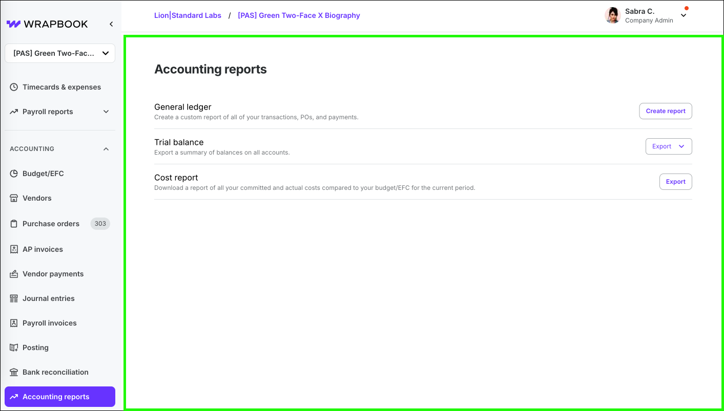 Accounting menu