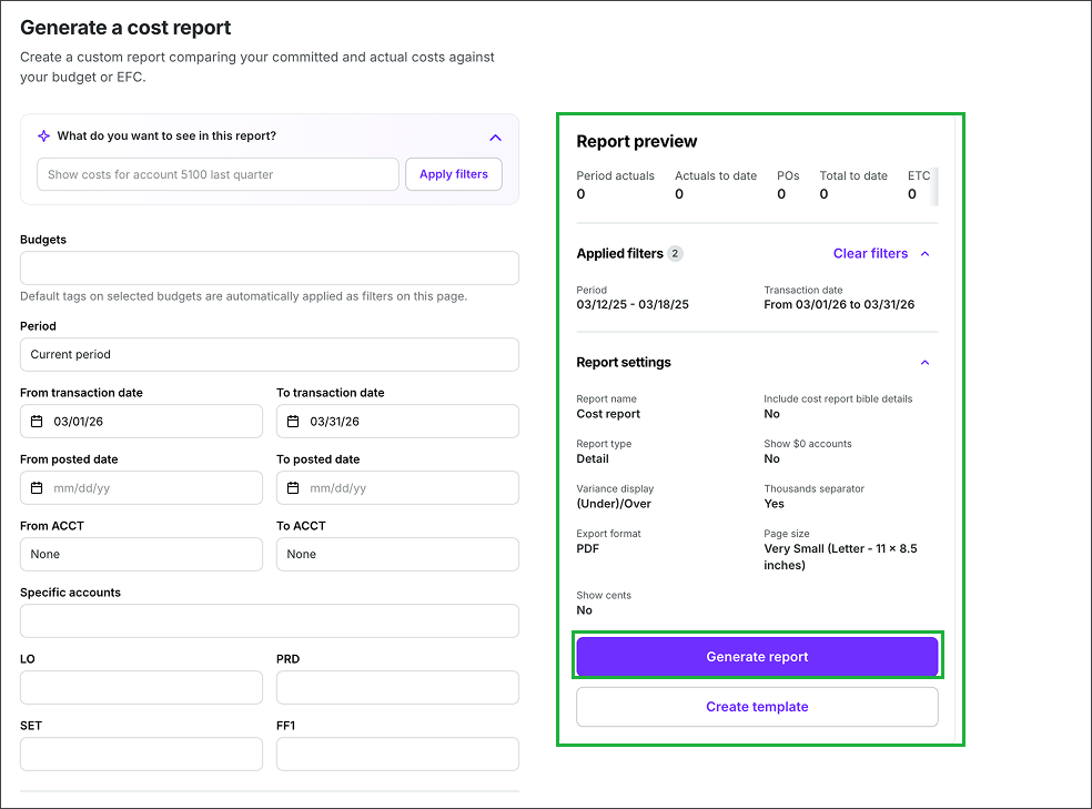 Cost reports (PAS)