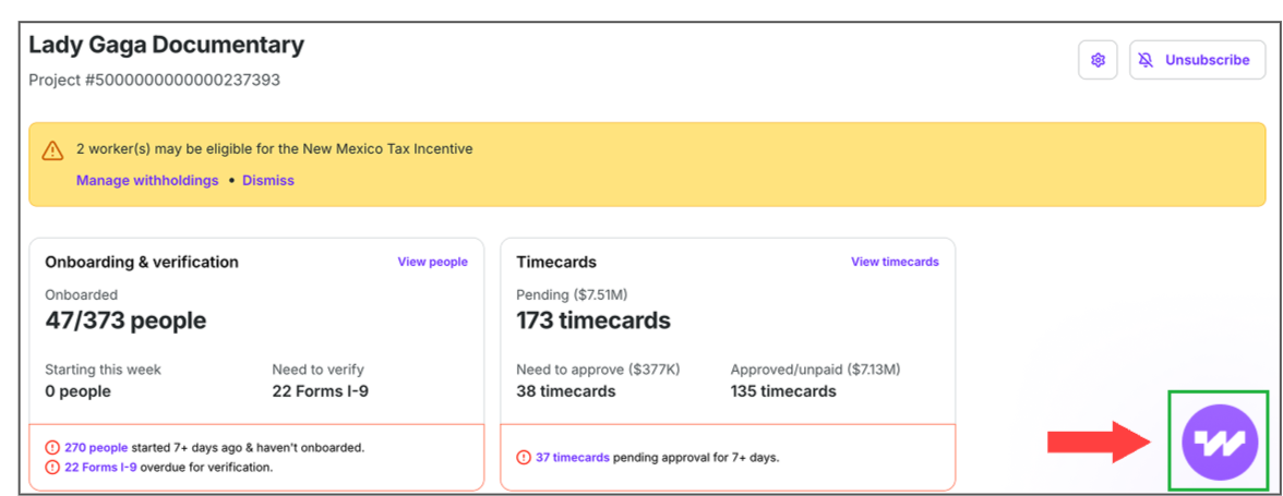 Dashboard overview for Lady Gaga Documentary project with onboarding and timecard details.