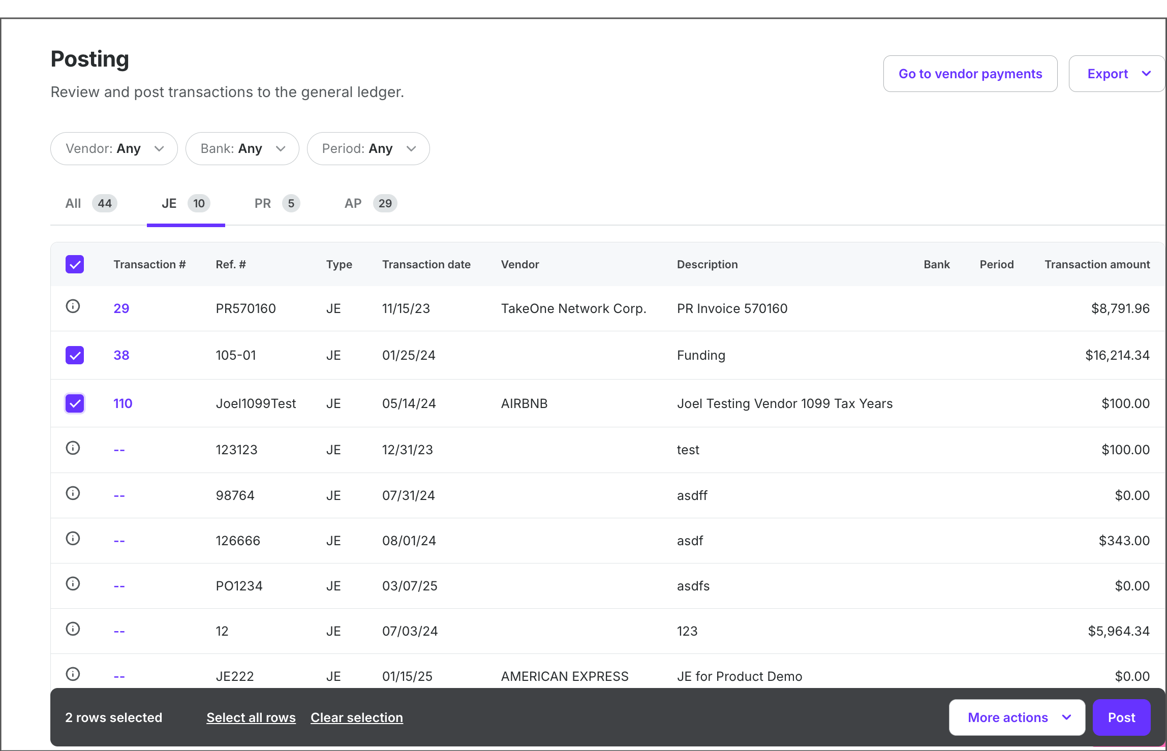 Overview of transactions for posting to the general ledger with selected entries.