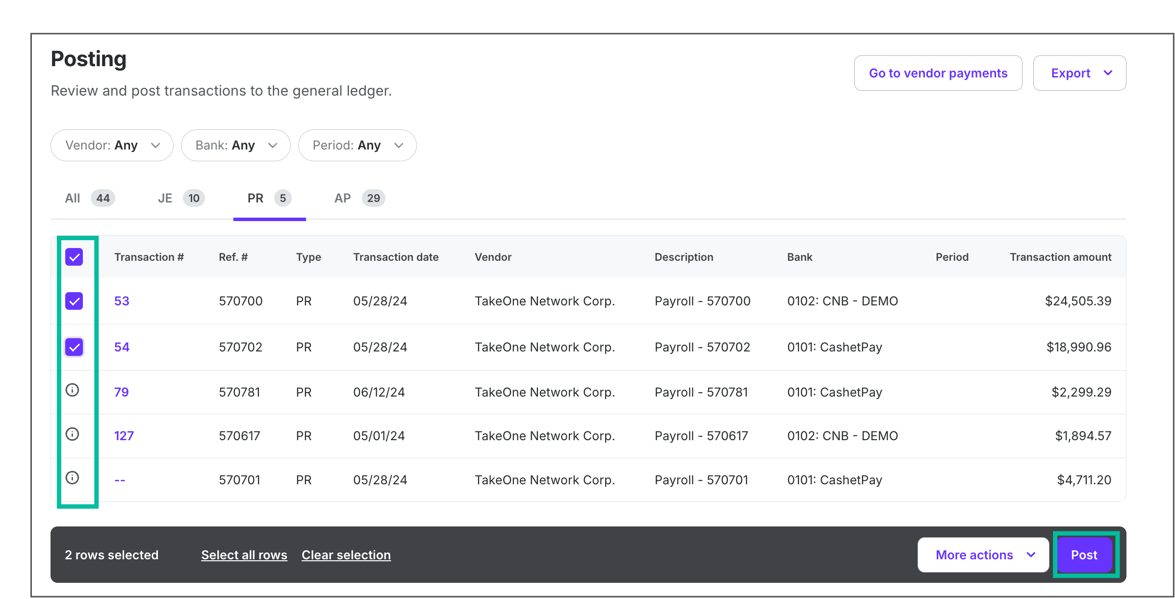 Overview of payroll transactions for TakeOne Network Corp. with amounts and details listed.