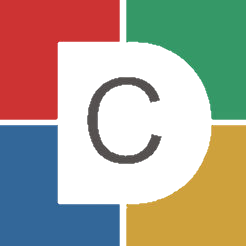A black circle with a letter in center of colorful squares  Description automatically generated