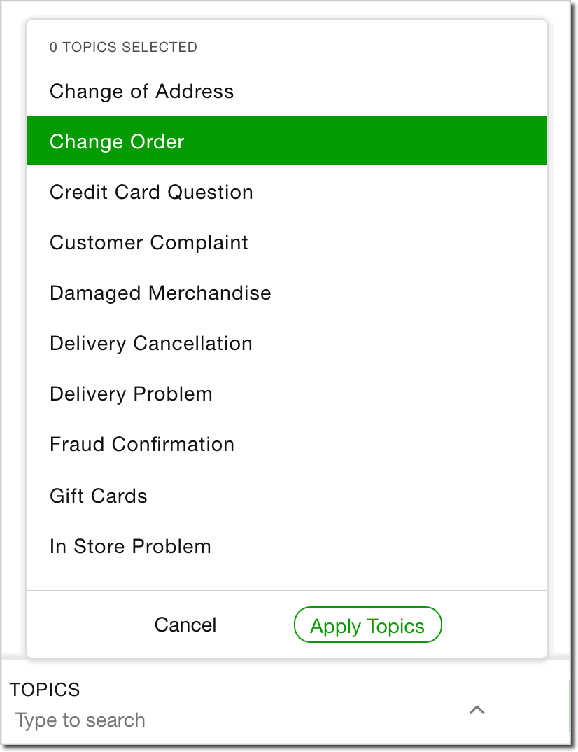 List of topics with 'Change Order' highlighted for selection in a user interface.