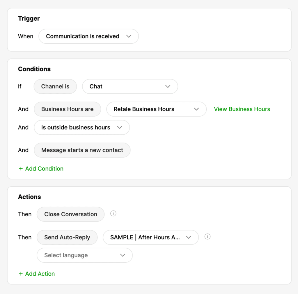 Conditions and actions for handling chat communications outside business hours.