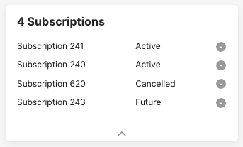 Overview of four subscriptions, showing their statuses: active, cancelled, and future.