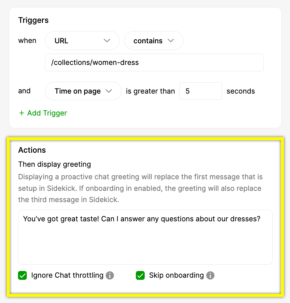 Chat greeting setup instructions for a women's dress collection webpage.