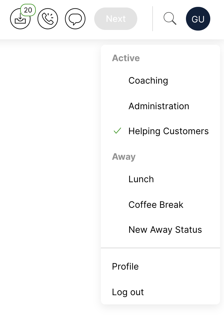 User interface showing active and away status options with highlighted helping customers.