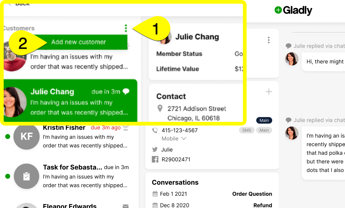 Customer support interface showing Julie Chang's details and recent issues with orders.