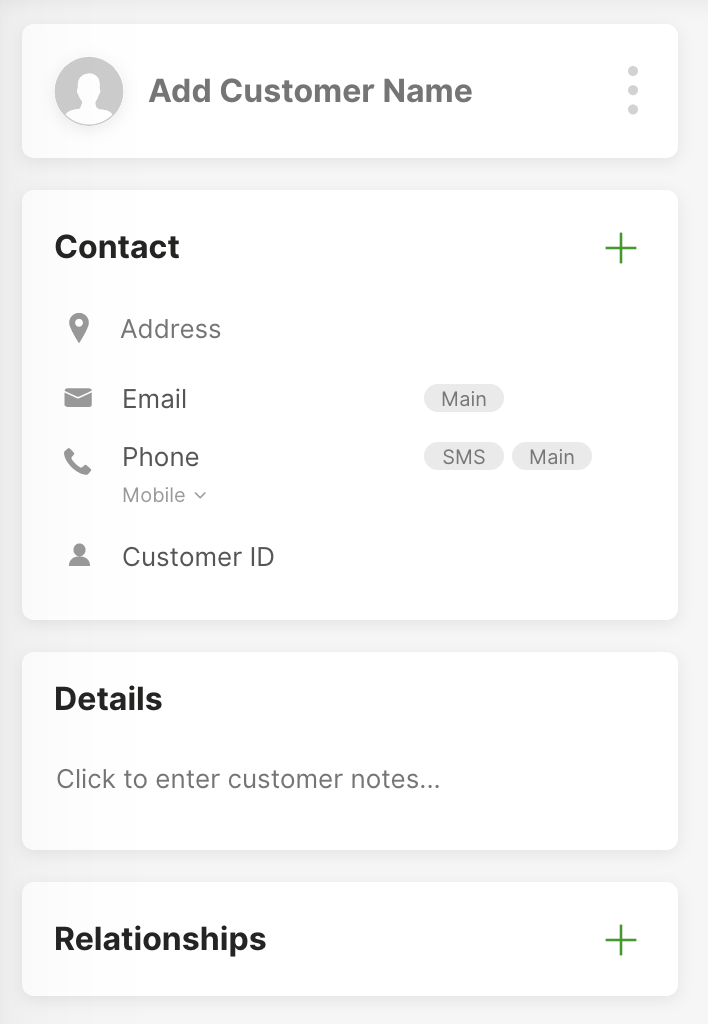 Form for adding customer details including contact information and notes section.