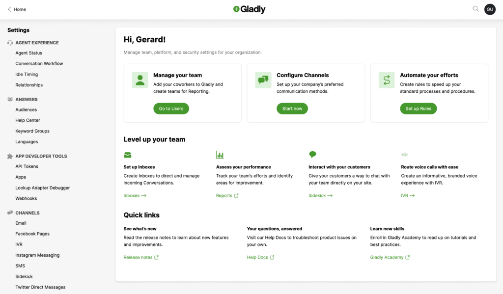 Gladly dashboard showing team management and communication configuration options for users.