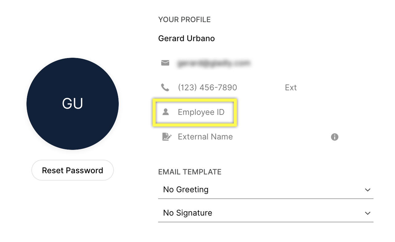 User profile displaying name, contact information, and highlighted Employee ID section.