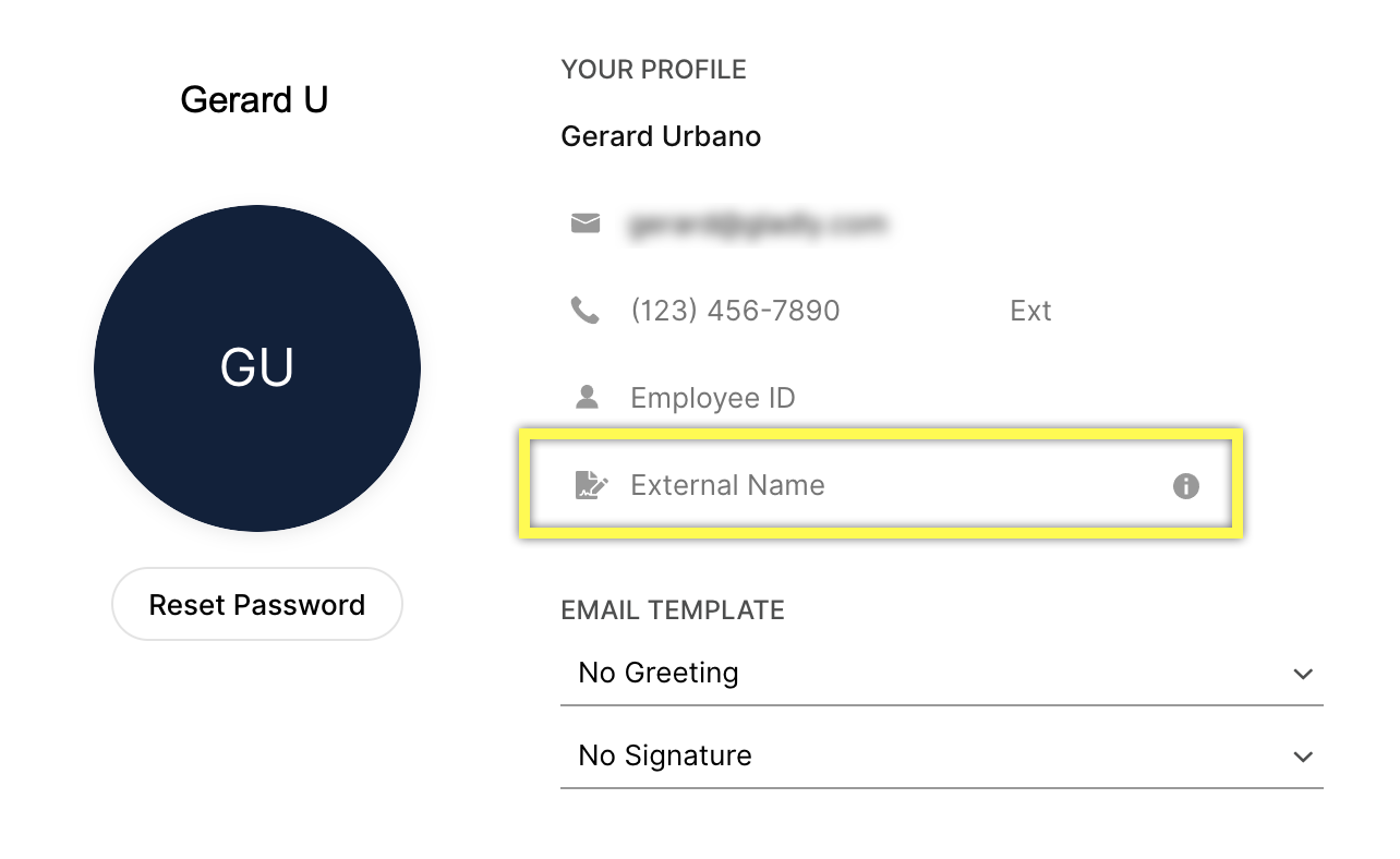 Profile settings for Gerard U, highlighting the External Name field.