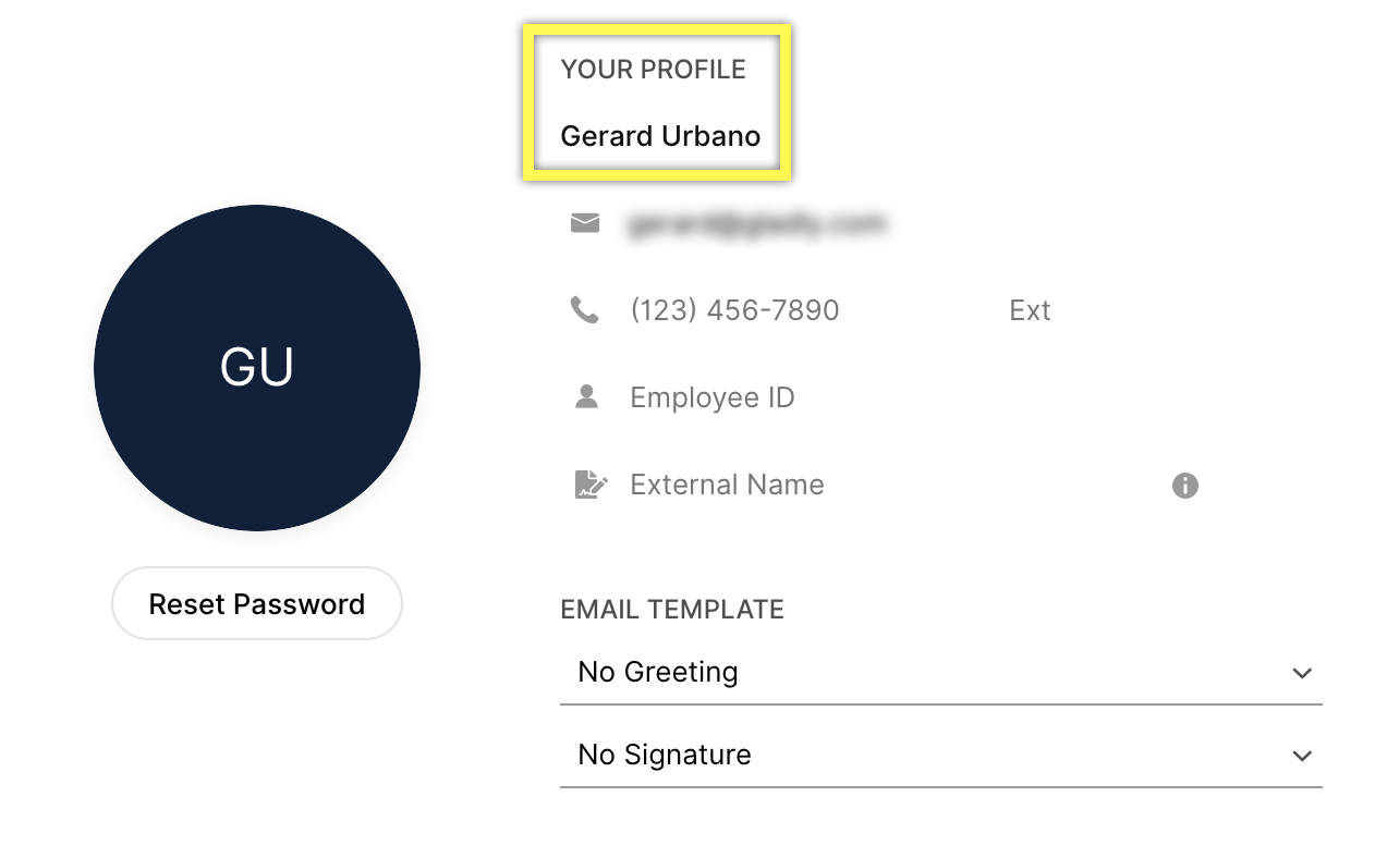 User profile details including name, contact information, and email template settings.