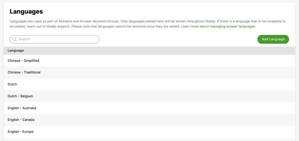 List of languages available for selection in a user interface.