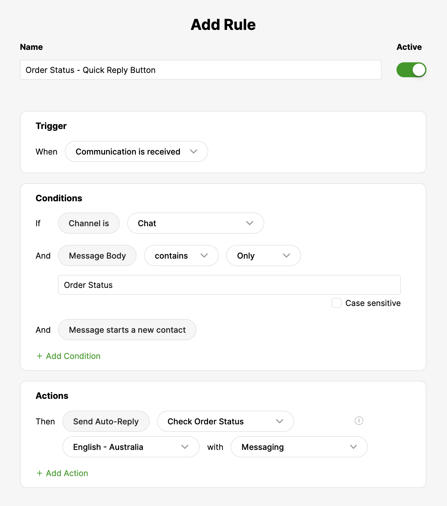 Settings for auto-reply based on chat communication and order status inquiries.