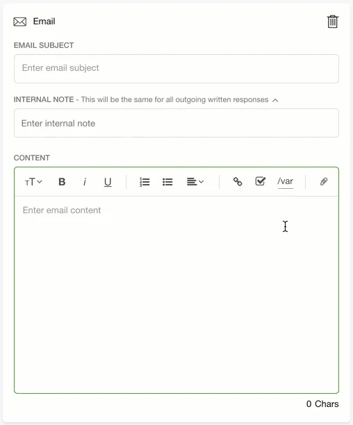 Email interface showing fields for subject, internal note, and content entry.