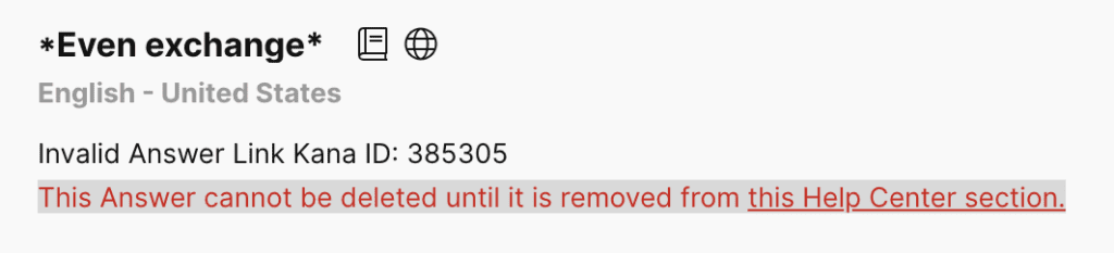 Message indicating an answer cannot be deleted from the Help Center section.