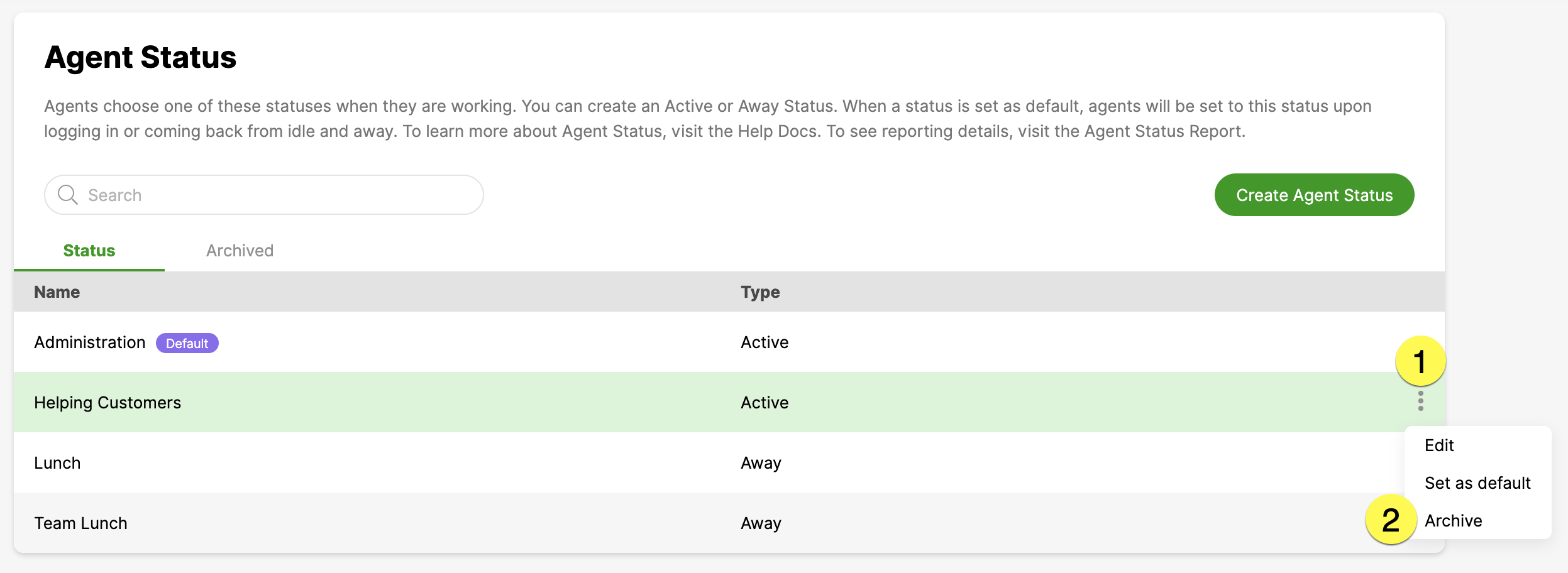 Overview of agent statuses with options to edit, set default, or archive.