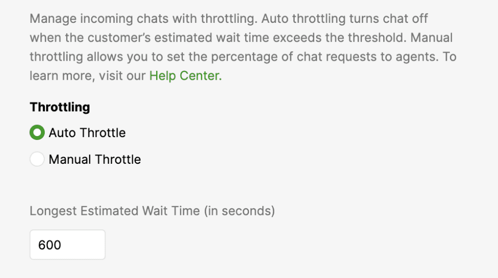 Settings for managing chat throttling and estimated wait time for customer service.