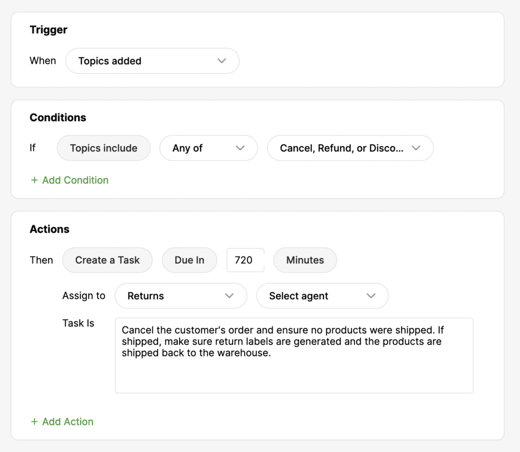 Workflow for handling customer order cancellations and task assignments for returns.