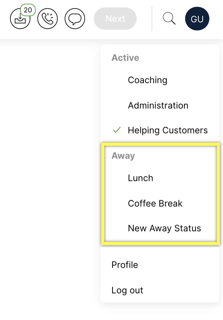 Menu showing active and away statuses with options for lunch and coffee break.