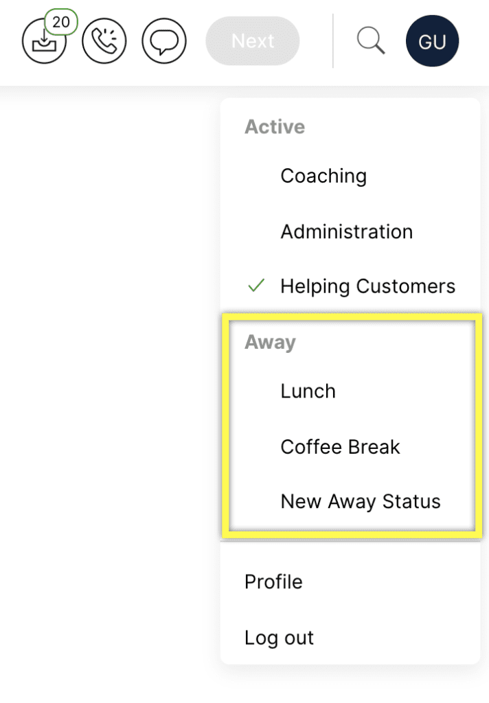 Menu displaying active and away statuses with options for lunch and coffee break.