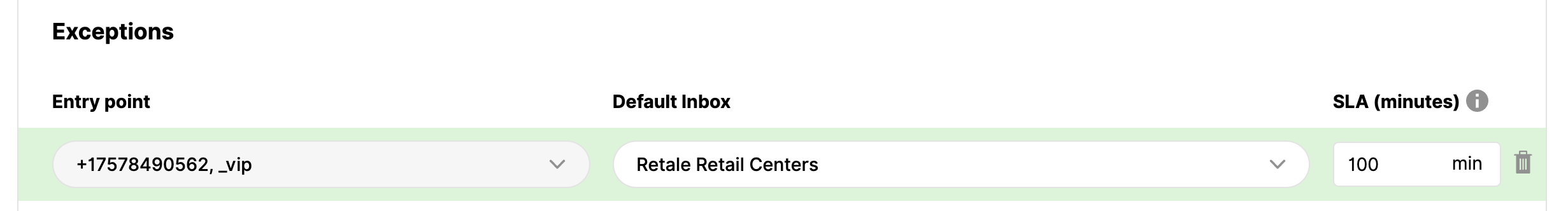 Entry point and default inbox settings for retail centers with SLA details.