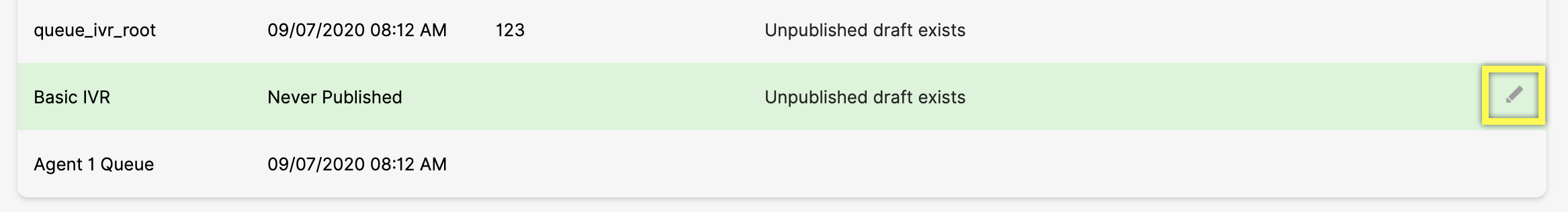 List of queues with an editable draft for Basic IVR highlighted.