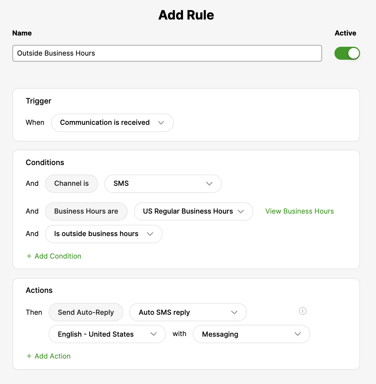 Settings for auto-reply SMS outside business hours with specific conditions listed.