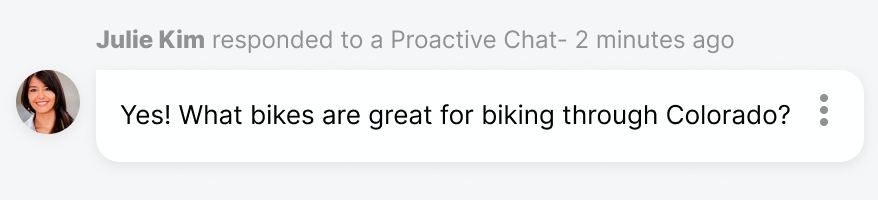 Julie Kim asks for bike recommendations for biking in Colorado during a chat.