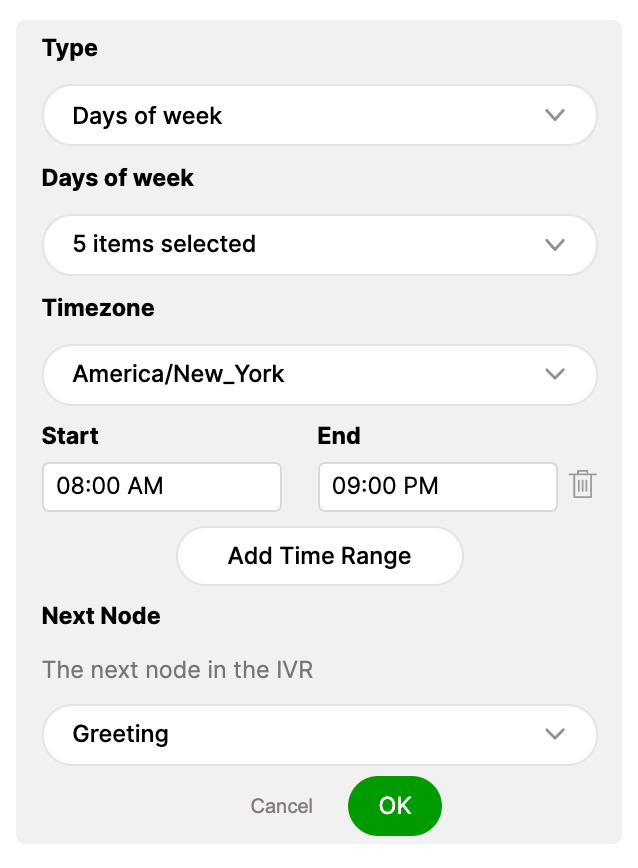 Settings for selecting days of the week and time range in an IVR system.