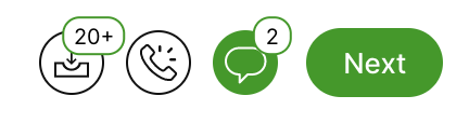 Icons representing messages, calls, and notifications with a 'Next' button for navigation.