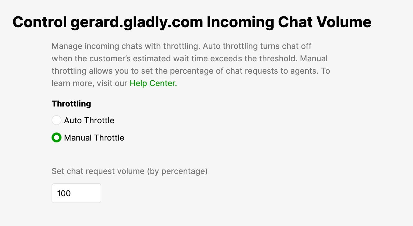 Settings for managing incoming chat volume with options for throttling and percentage control.