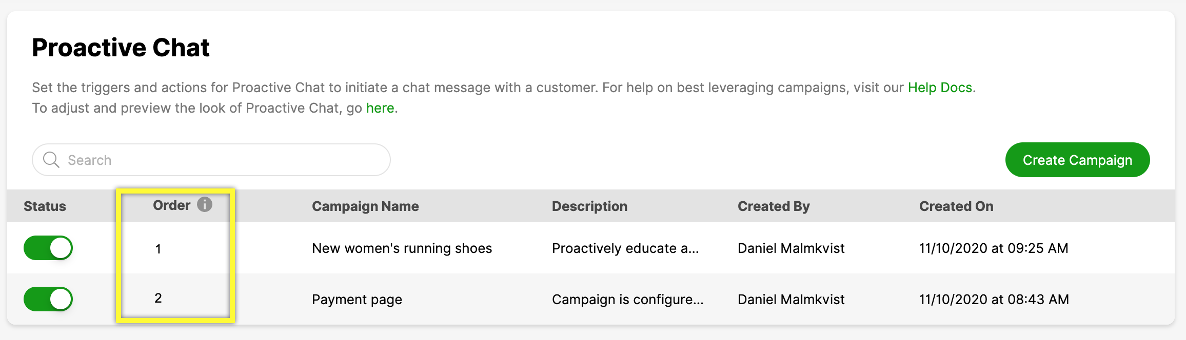 Proactive Chat settings showing campaign order and details for two campaigns.