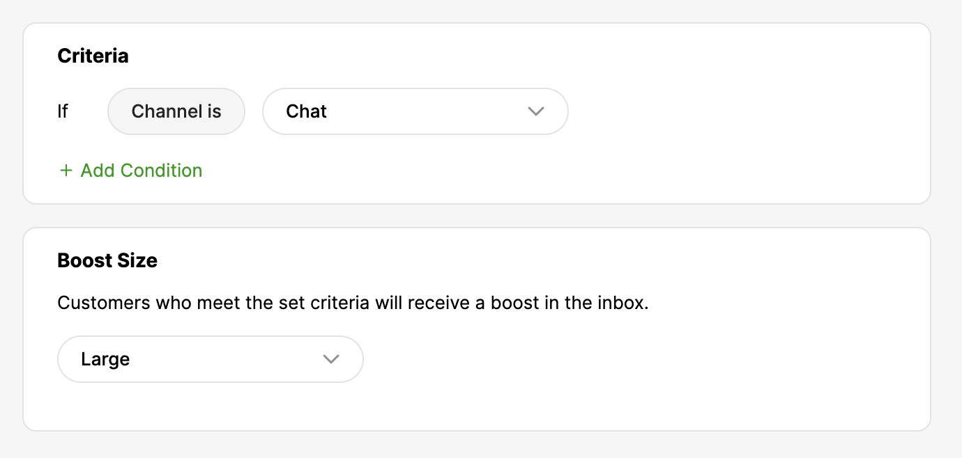 Criteria for boosting customers in chat based on specific conditions and size.