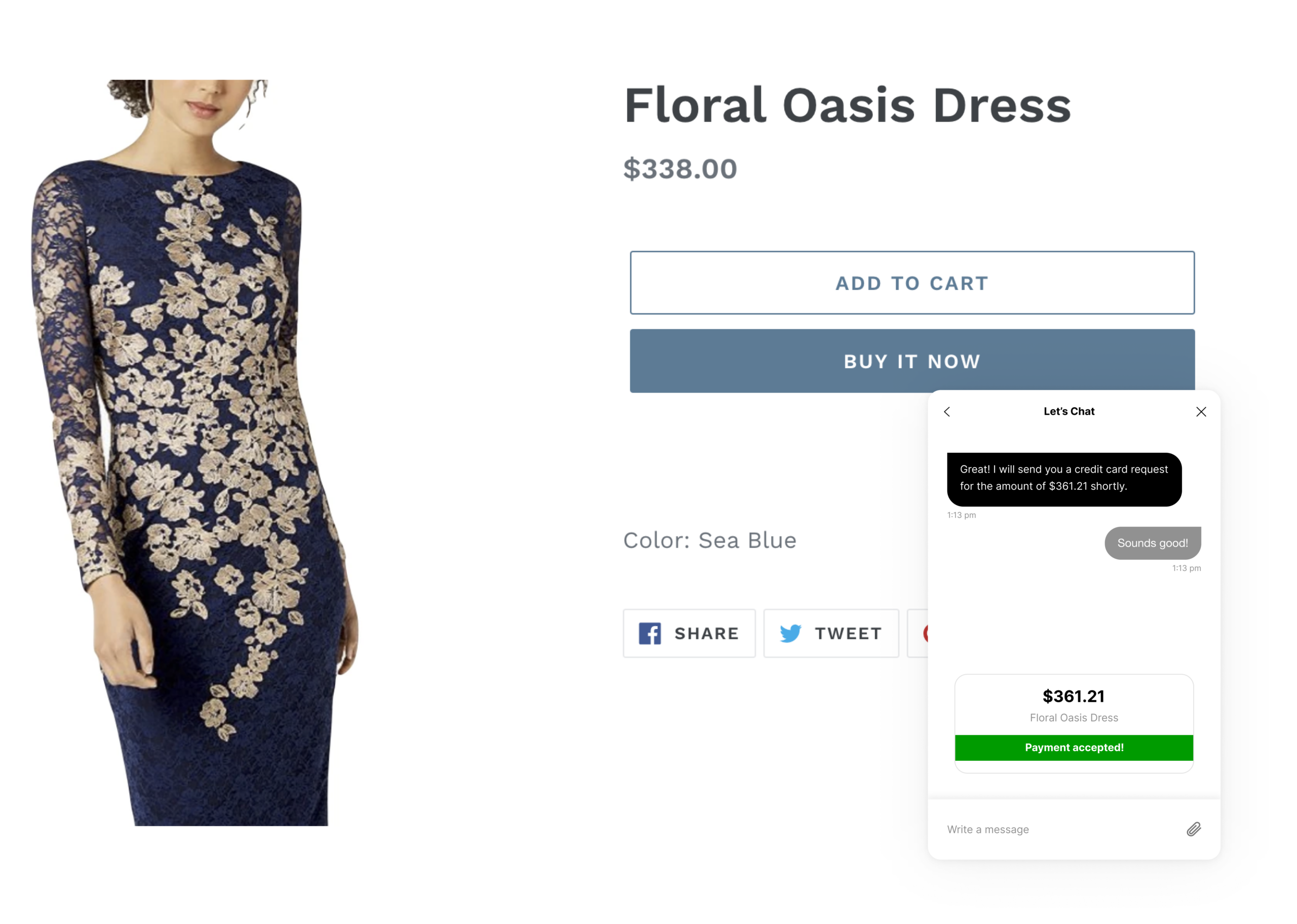 A model showcases the Floral Oasis Dress with purchase options displayed alongside.