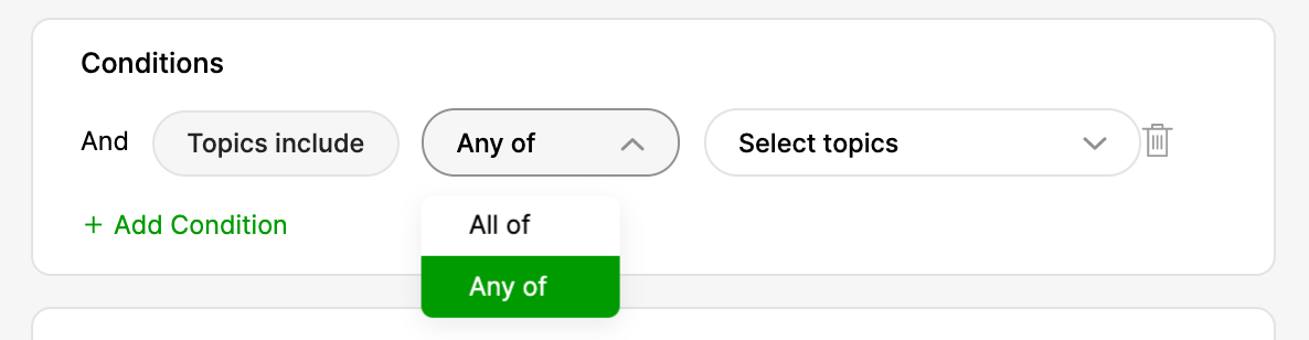 Options for filtering topics include 'All of' or 'Any of' selections.