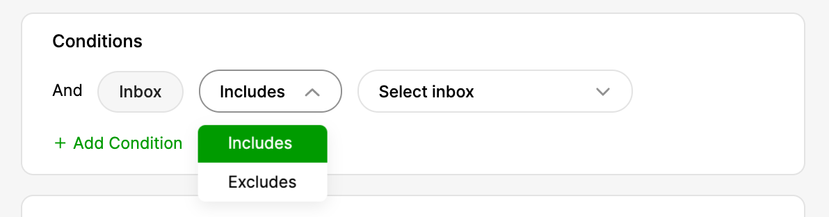 Dropdown menu showing options to include or exclude inbox conditions.