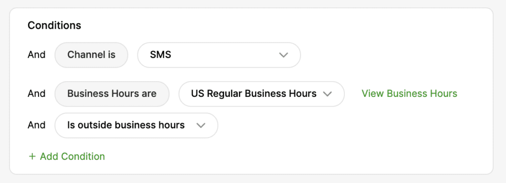 Conditions for SMS channel outside US regular business hours are displayed.