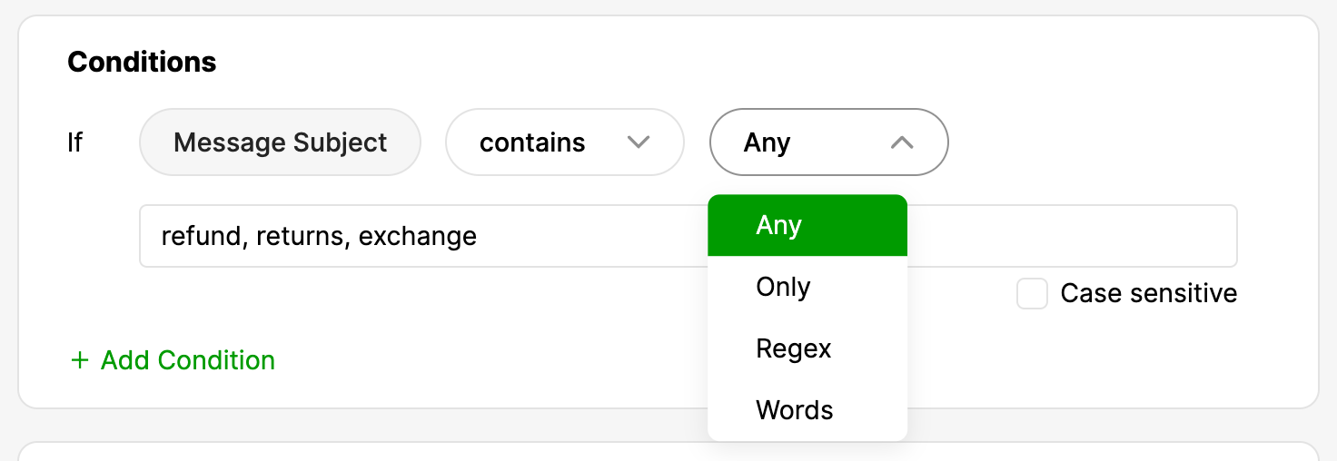 Conditions for message subject including refund, returns, and exchange options.