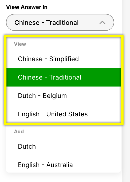 Dropdown menu showing language options with 'Chinese - Traditional' selected.