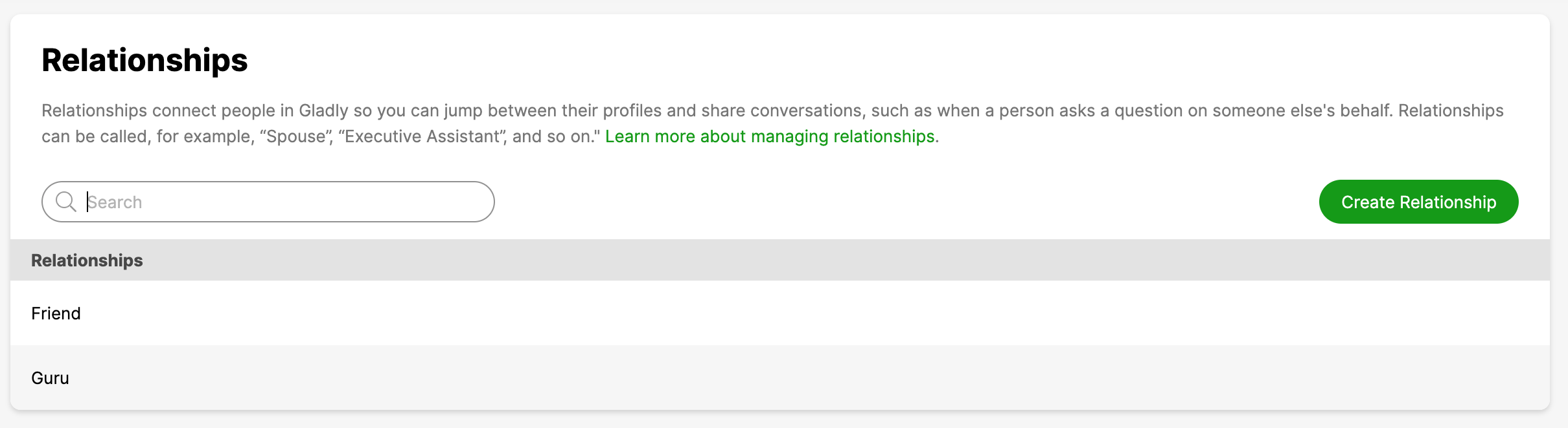 Overview of relationships in Gladly, including options to create and manage connections.
